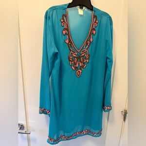 Embroidered Turquoise Long Sleeve Top or bathing suit cover up medium